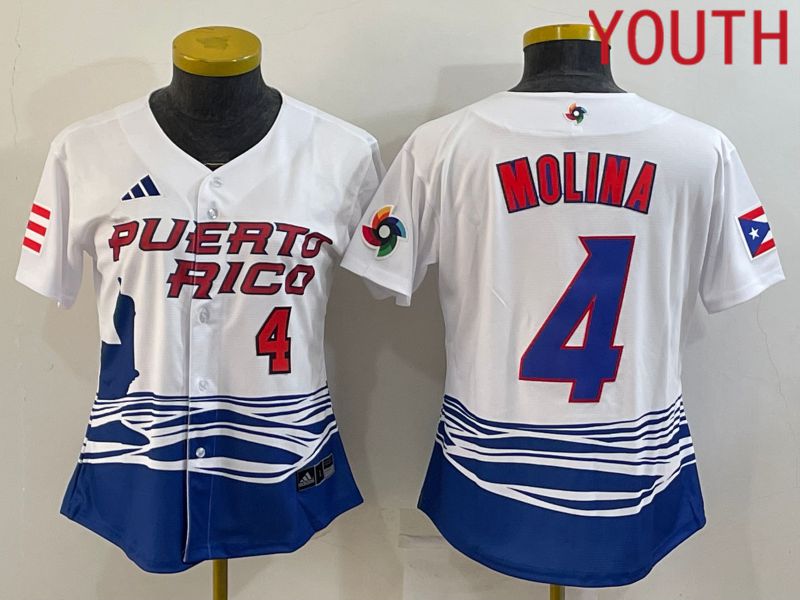 Youth 2023 World Cub Puerto Rico #4 Molina White MLB Jersey1->youth mlb jersey->Youth Jersey